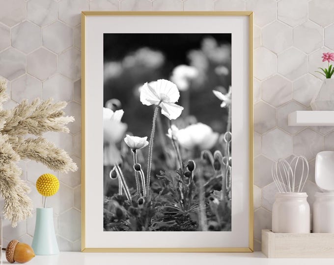 Poppies photo print, VERTICAL floral art, black and white photography, large paper or canvas picture, flowers wall decor, 5x7 8x10 to 32x48"