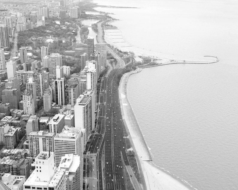 Chicago Lake Shore Drive photo print, Chicago photography, black and white art, large wall art, paper or canvas picture, 5x7 8x10 to 24x36 image 1