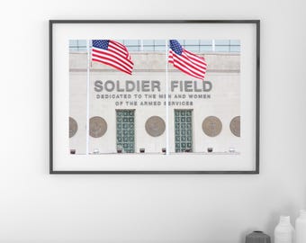 Chicago Bears Soldier Field photo print, sports photography, large paper or canvas art gift, American flag wall decor 9x12 16x20 20x30 30x45