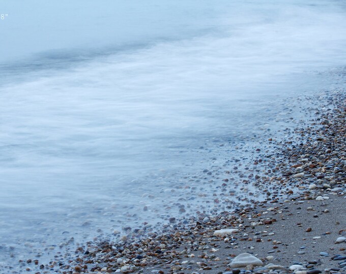 Pebbles art photo print, beach photography, blue silky water, Lake Michigan pictures, large paper or canvas wall decor, 5x7 8x10 to 24x36"