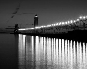 Grand Haven Lighthouse picture, black and white art photo print, Michigan photography, large wall decor, paper, canvas, 5x7 8x10 to 30x45"