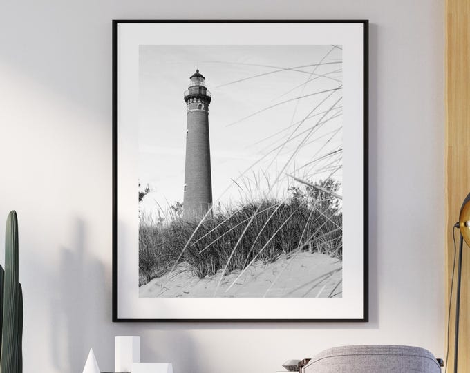 Lighthouse wall decor, VERTICAL Michigan art photo print, black and white photography, large paper or canvas 8x10 11x14 12x12 16x20 24x36