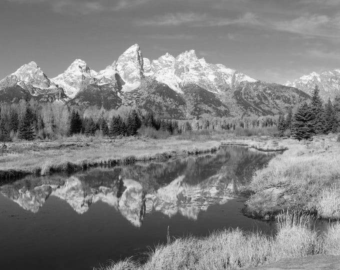 Grand Teton photo print, black and white Wyoming art, snow-capped mountains photography wall decor, large paper canvas picture 5x7 to 32x48"