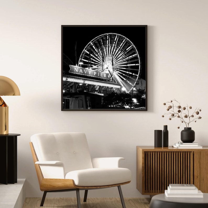 Navy Pier at Night, Chicago wall art, black and white photo, Chicago wall decor, Ferris Wheel, large canvas, 8x10 11x14 16x20 24x30 32x48" afbeelding 6