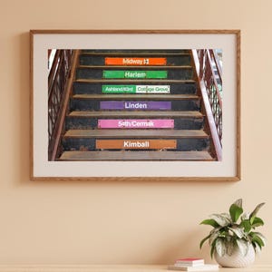 May include: A vintage-style image of a set of stairs with colorful signs indicating different Chicago 'L' train stops. The signs read: Midway, Harlem, Ashland/63rd, Cottage Grove, Linden, 54th/Cermak, and Kimball.
