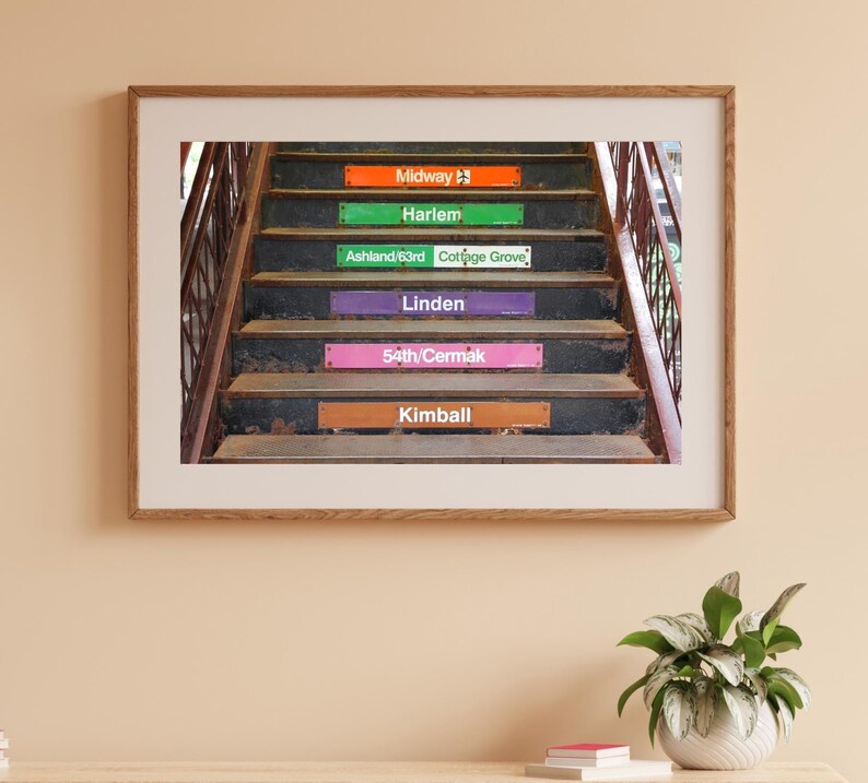 May include: A vintage-style image of a set of stairs with colorful signs indicating different Chicago 'L' train stops. The signs read: Midway, Harlem, Ashland/63rd, Cottage Grove, Linden, 54th/Cermak, and Kimball.