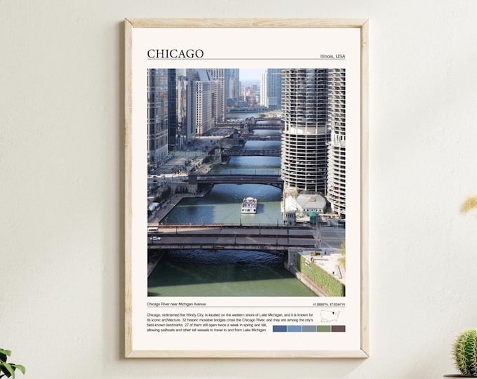 Chicago print, travel poster, Chicago River bridges wall art, Chicago picture, city photography, large Chicago wall decor 5x7 18x24 24x36
