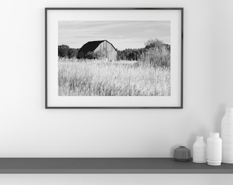 Old barn picture, art photo print, black and white, Michigan landscape photography, paper or canvas, rustic wall decor 5x7 11x14 20x30 24x36