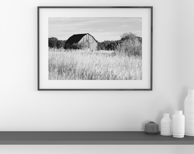 Old barn picture, art photo print, black and white, Michigan landscape photography, paper or canvas, rustic wall decor 5x7 11x14 20x30 24x36