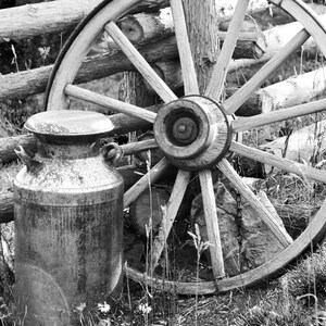 Puede incluir: Una foto en blanco y negro de una antigua lata de leche y una rueda de carro de madera. La lata de leche es de metal y tiene una superficie ligeramente oxidada. La rueda de carro es de madera y tiene una llanta de metal. La rueda est&aacute; parcialmente oscurecida por la lata de leche.