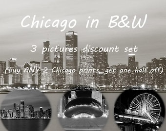 Chicago black and white art photography, 3 photo prints discount set, large paper or canvas picture, wall decor 8x10 11x14 12x12 16x20 30x45