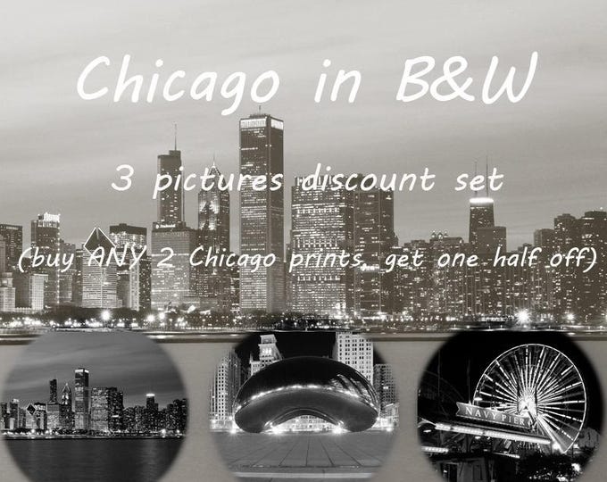 Chicago black and white art photography, 3 photo prints discount set, large paper or canvas picture, wall decor 8x10 11x14 12x12 16x20 30x45