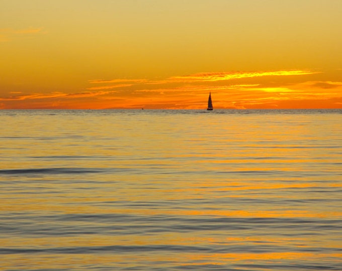 Sailboat Sunset, yellow art photo print, Lake Michigan picture, large canvas, nautical photography, square wall decor 8x10 11x14 16x20 30x45