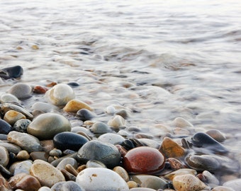 Pebbles art print, pebble beach photography, paper or canvas picture, Lake Michigan shore, rocks photo wall decor, 8x10 11x14 to 24x36 30x45