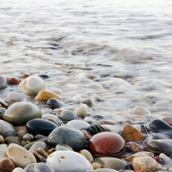 Pebbles art print, pebble beach photography, paper or canvas picture, Lake Michigan shore, rocks photo wall decor, 8x10 11x14 to 24x36 30x45