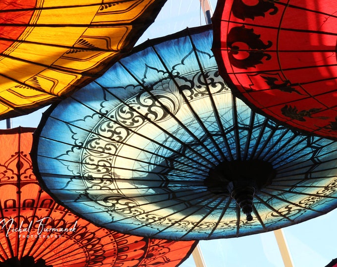 Colorful umbrellas photo print, picture on paper, canvas or framed canvas, blue and red wall art decor, 5x7 and 8x10 to 32x48 inches