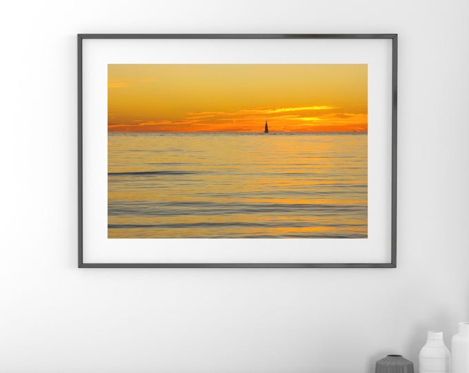 Sailboat Sunset, yellow art photo print, Lake Michigan picture, large canvas, nautical photography, square wall decor 8x10 11x14 16x20 30x45