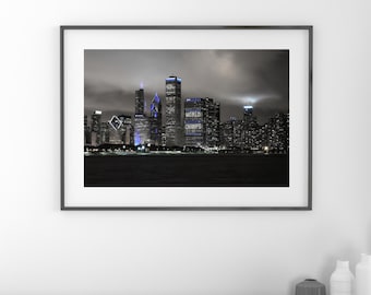 Chicago Cubs skyline art, black and white photo print, World Series picture, large paper or canvas wall decor, 5x7 8x10 11x14 to 30x45"