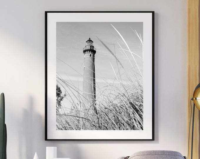 Lighthouse wall decor, VERTICAL Michigan art photo print, black and white photography, large paper or canvas 8x10 11x14 12x12 16x20 24x36