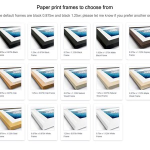 May include: A selection of 12 different picture frames in various colors and sizes. The frames are made of wood, metal, and plastic. The frames are shown with a picture of a landscape inside. The text on the image reads: "Paper print frames to choose from. The default frames are black 0.875w and black 1.25w; please let me know if you prefer another one."