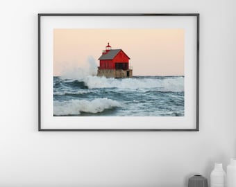 Red Lighthouse Stormy Sunrise, Grand Haven picture, nautical photo print, Michigan wall art, lake photography, paper, canvas, 5x7 to 32x48"