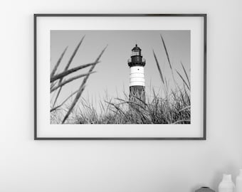 Lighthouse photography, black and white photo print, Lake Michigan wall art, paper or canvas beach house decor 8x10 11x14 16x20 24x36 32x48
