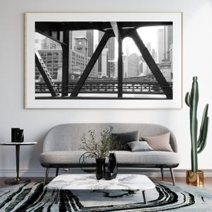 Arte mural fotográfico de Chicago, horizonte del puente de Chicago, impresión en blanco y negro de Chicago, decoración de Chicago, lienzo, foto, 8x10, 11x14, 16x20, 32x48 pulgadas imagen 10