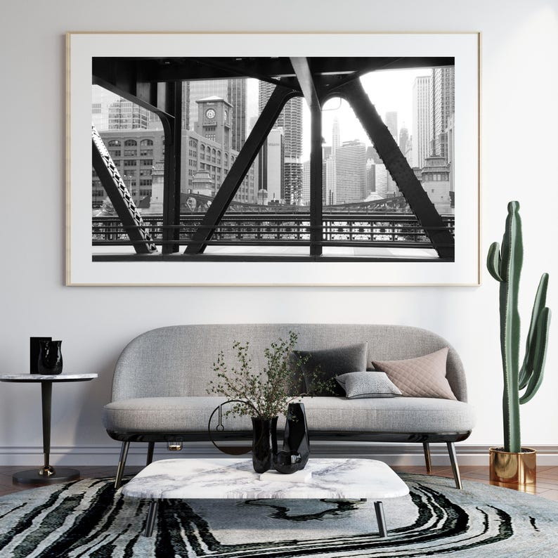 Arte mural fotográfico de Chicago, horizonte del puente de Chicago, impresión en blanco y negro de Chicago, decoración de Chicago, lienzo, foto, 8x10, 11x14, 16x20, 32x48 pulgadas imagen 10