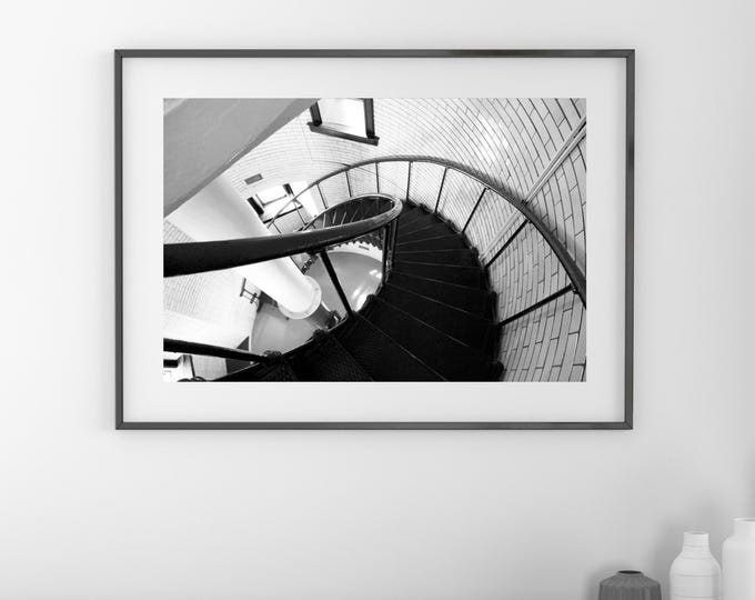 Lighthouse stairs photo print, black and white art photography, spiral picture, wall decor, large canvas 8x10 11x14 12x12 16x20 20x30 24x36