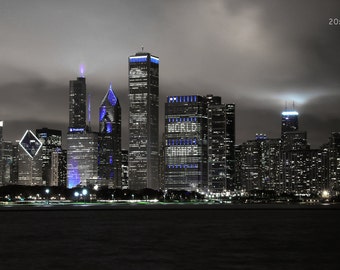 Chicago Cubs skyline art, black and white photo print, World Series picture, large paper or canvas wall decor, 5x7 8x10 11x14 to 30x45"