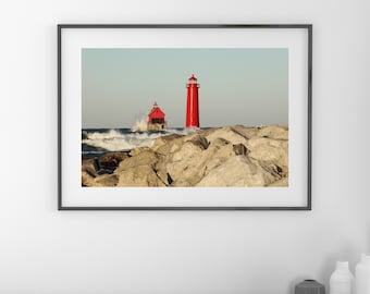 Grand Haven photo, red lighthouse print, nautical wall art decor, Lake Michigan photography, paper or canvas picture, 5x7 to 32x48 inches