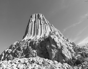 Devil's Tower photo print, black and white Wyoming art, American West photography wall decor, large paper canvas picture 5x7 to 32x48"