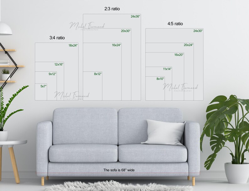 May include: A white sofa with a 68-inch width, positioned in front of a white wall with various sizes of framed artwork displayed. The artwork is labeled with different aspect ratios and dimensions in inches.