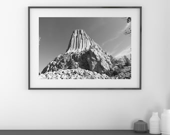 Devil's Tower photo print, black and white Wyoming art, American West photography wall decor, large paper canvas picture 5x7 to 32x48"