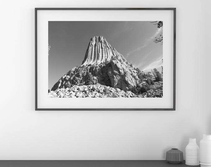 Devil's Tower photo print, black and white Wyoming art, American West photography wall decor, large paper canvas picture 5x7 to 32x48"