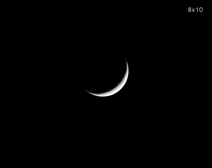 Crescent Moon picture, lunar art photo print, black and white dark night photography, wall decor, large canvas 8x10 11x14 12x12 16x20 20x30