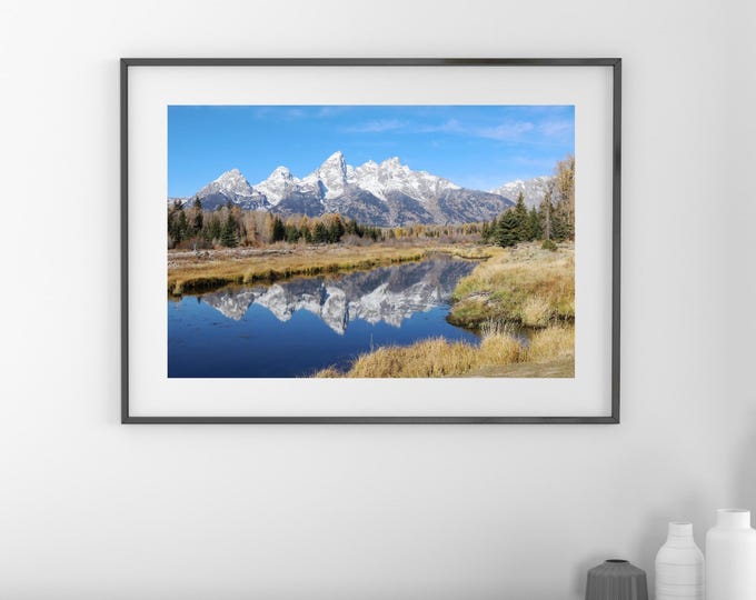 Grand Teton photo print, Wyoming photography wall art decor, snow-capped mountains reflections, large paper or canvas picture, 5x7 to 30x45"