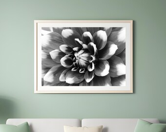 Dahlia wall art, black and white flower print, Dahlia photo, floral art, flower decor, photography, large canvas picture, 5x7 8x10 to 32x48"