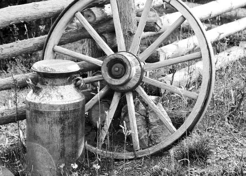 Puede incluir: Una foto en blanco y negro de una rueda de carro de madera vintage apoyada en una valla de madera. Una lata de leche de metal se encuentra delante de la rueda.
