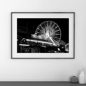 Navy Pier at Night, Chicago wall art, black and white photo, Chicago wall decor, Ferris Wheel, large canvas, 8x10 11x14 16x20 24x30 32x48" afbeelding 1