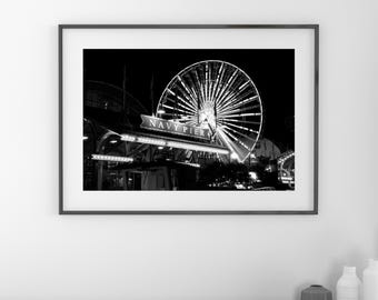 Navy Pier at Night, Chicago wall art, black and white photo, Chicago wall decor, Ferris Wheel, large canvas, 8x10 11x14 16x20 24x30 32x48"