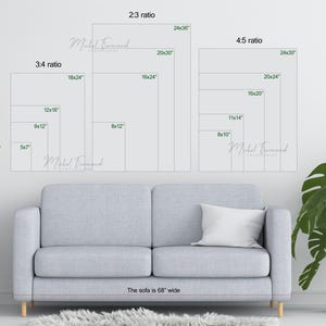 May include: A white sofa with a 68-inch width, positioned in front of a white wall with various sizes of framed artwork displayed. The artwork is labeled with different aspect ratios and dimensions in inches.
