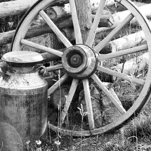 Puede incluir: Una vieja lata de leche de metal desgastada se encuentra delante de una rueda de carro de madera. La rueda es de madera y tiene un cubo de metal. La lata de leche es un dise&ntilde;o cl&aacute;sico y r&uacute;stico.
