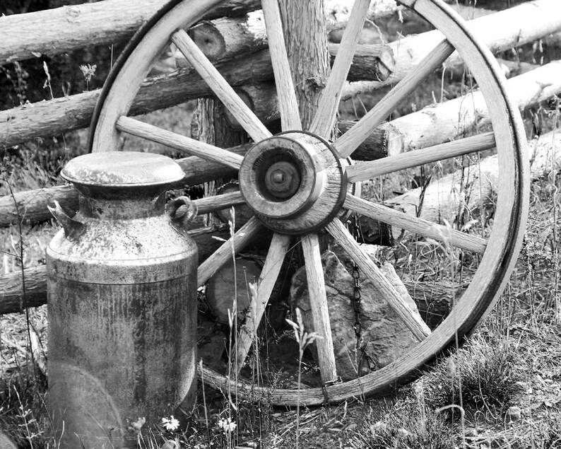 Puede incluir: Una vieja lata de leche de metal desgastada se encuentra delante de una rueda de carro de madera. La rueda es de madera y tiene un cubo de metal. La lata de leche es un dise&ntilde;o cl&aacute;sico y r&uacute;stico.