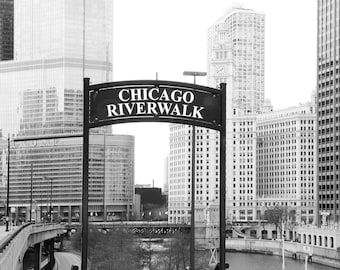 Chicago Riverwalk photo print, city picture, black and white art photography, large paper or canvas wall decor 5x7 8x10 12x12 16x20 30x45