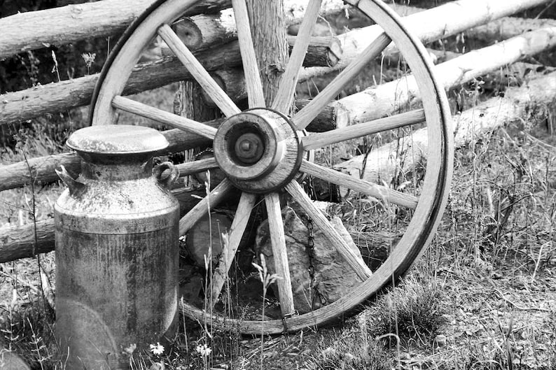 Puede incluir: Una foto en blanco y negro de una rueda de carro de madera vintage apoyada en una valla de madera. Una lata de leche de metal se encuentra delante de la rueda.