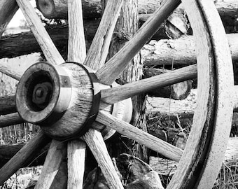 Wagon Wheel photo print, black and white photography art, old rustic picture, paper, canvas, country wall decor 8x10 11x14 12x18 16x20 20x30