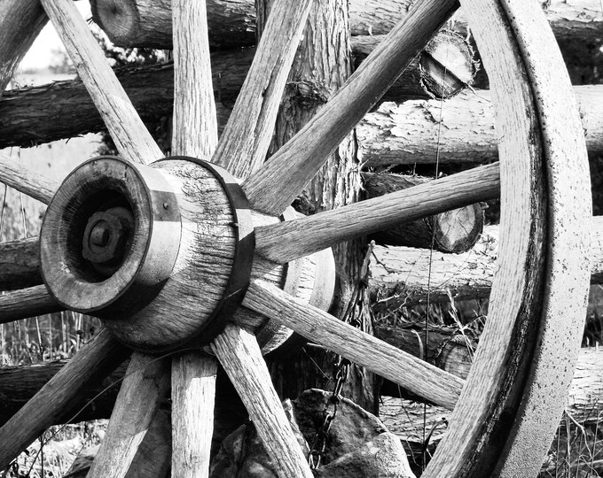 Wagon Wheel photo print, black and white photography art, old rustic picture, paper, canvas, country wall decor 8x10 11x14 12x18 16x20 20x30