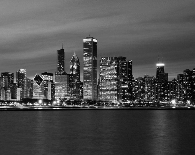 Chicago Skyline photo, paper or canvas print, black and white photography art, large wall decor, city panorama picture, 5x7 8x12 to 32x48"