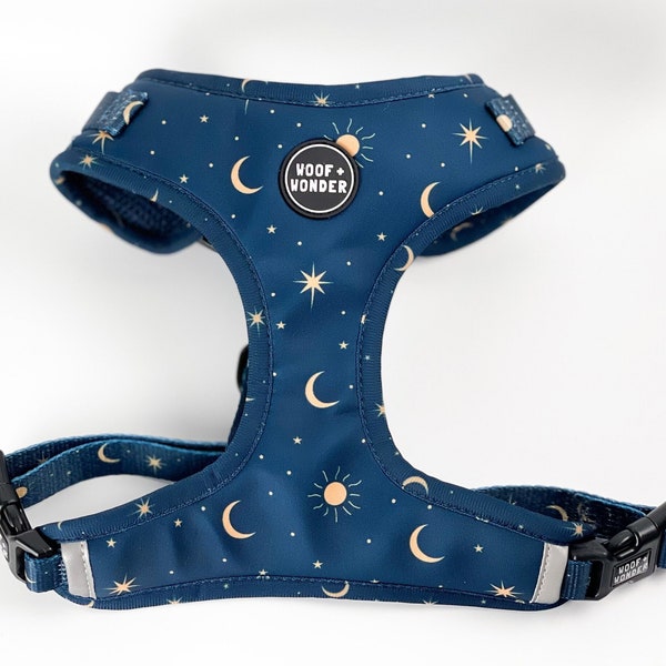 Celestial Adjustable Dog Harness, moon and stars, navy harness, harness for puppy, no pull harness, unisex dog harness, dreamy, tarot